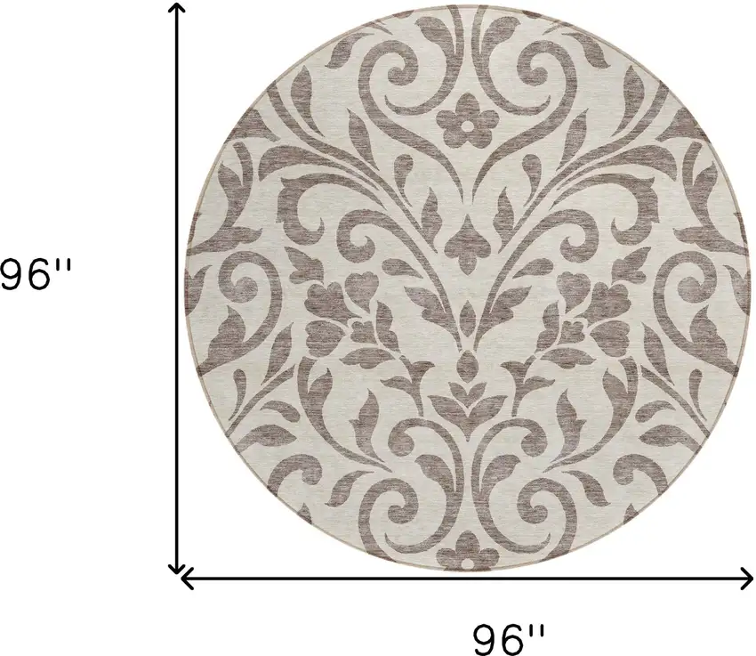 8' Taupe Round Floral Washable Indoor Outdoor Area Rug Photo 3