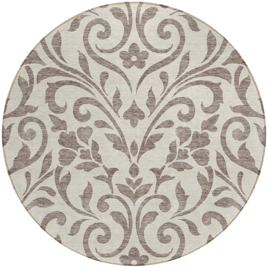 8' Taupe Round Floral Washable Indoor Outdoor Area Rug Photo 2