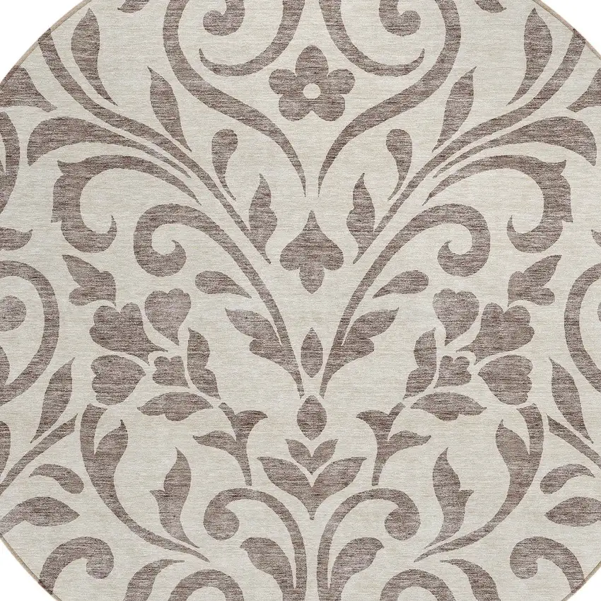 8' Taupe Round Floral Washable Indoor Outdoor Area Rug Photo 4