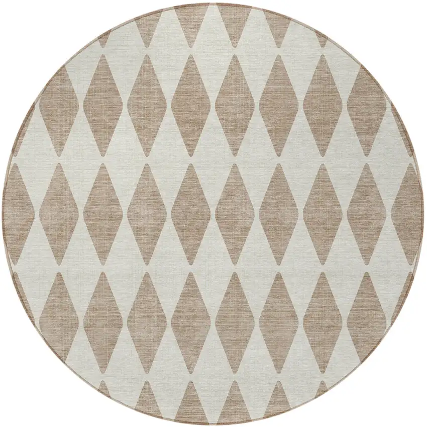 8' Taupe Round Geometric Washable Indoor Outdoor Area Rug Photo 5