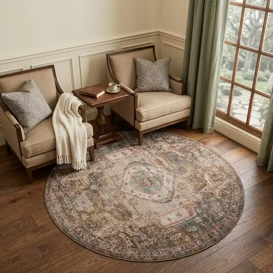 6' Beige Gray and Taupe Medallion Power Loom Round Rug Photo 1