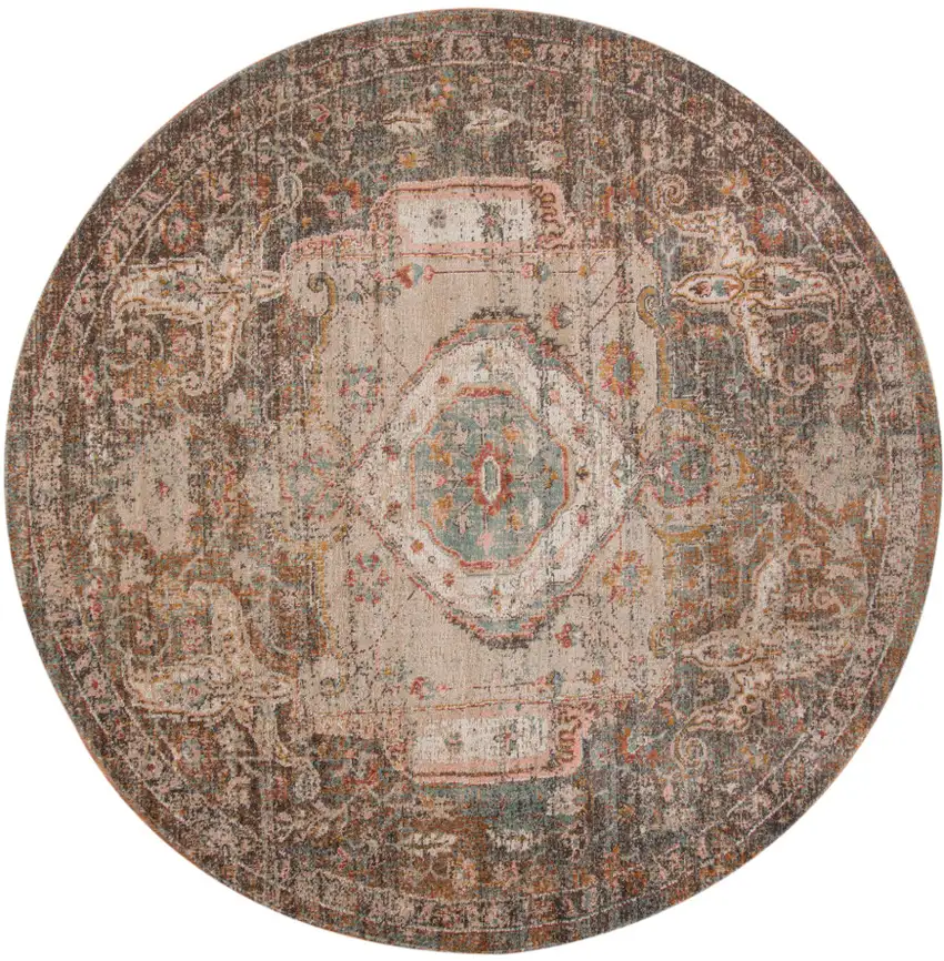 6' Taupe Round Medallion Power Loom Area Rug With Fringe Photo 1
