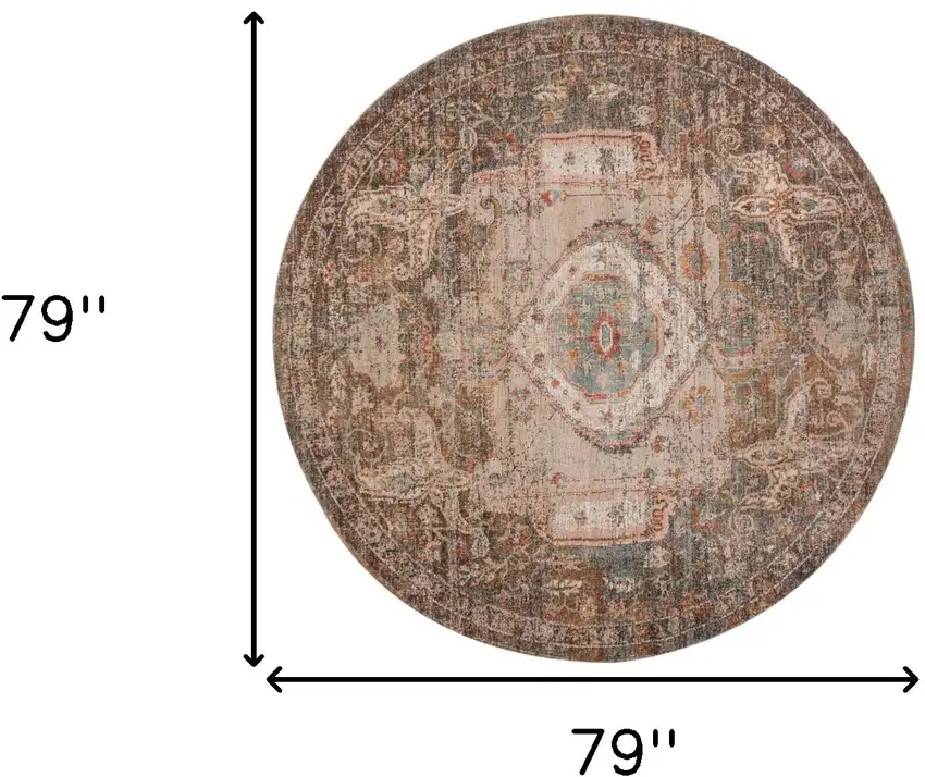 6' Taupe Round Medallion Power Loom Area Rug With Fringe Photo 6