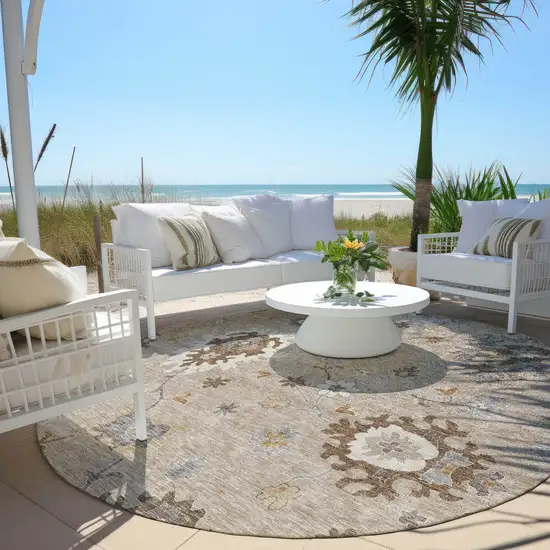 8' Taupe Silver And Gray Round Floral Washable Indoor Outdoor Area Rug Photo 7