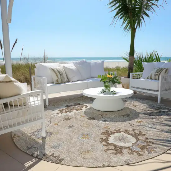 8' Taupe Silver And Gray Round Floral Washable Indoor Outdoor Area Rug Photo 7