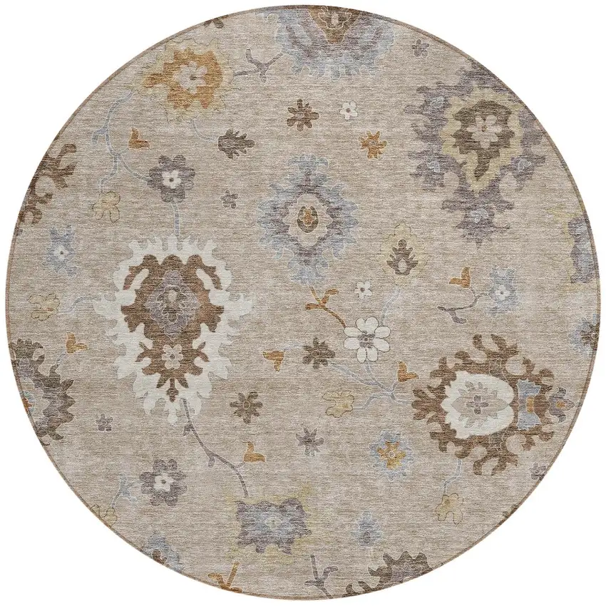 8' Taupe Silver And Gray Round Floral Washable Indoor Outdoor Area Rug Photo 6