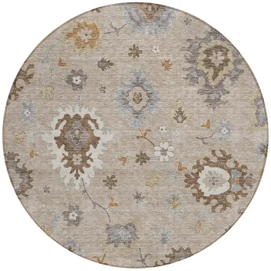 8' Taupe Silver And Gray Round Floral Washable Indoor Outdoor Area Rug Photo 6