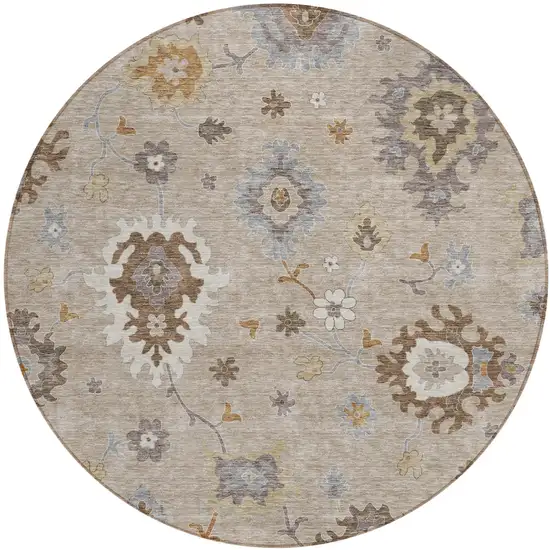8' Taupe Silver And Gray Round Floral Washable Indoor Outdoor Area Rug Photo 1