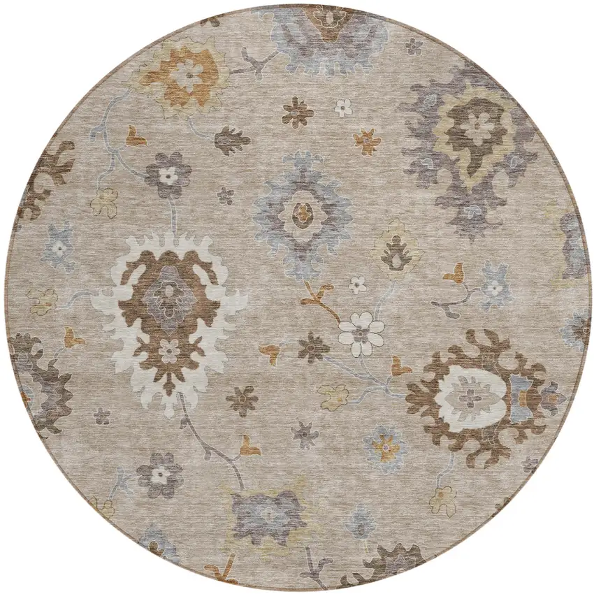 8' Taupe Silver And Gray Round Floral Washable Indoor Outdoor Area Rug Photo 1