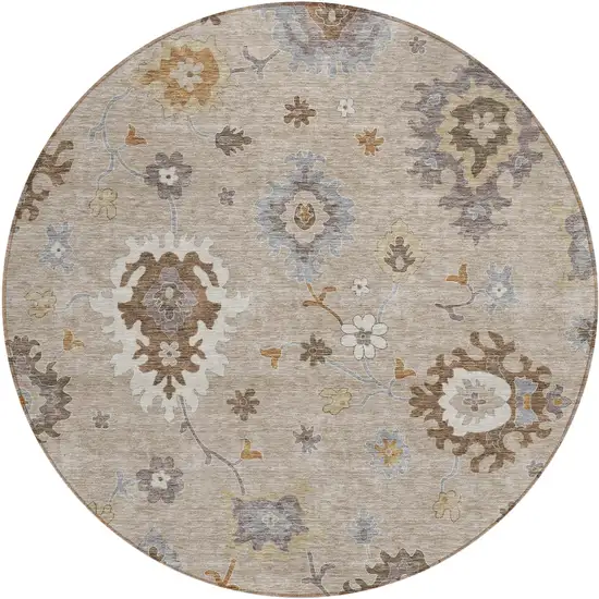 8' Taupe Silver And Gray Round Floral Washable Indoor Outdoor Area Rug Photo 1