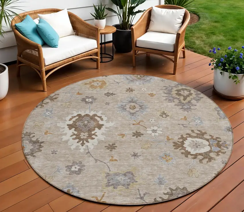 8' Taupe Silver And Gray Round Floral Washable Indoor Outdoor Area Rug Photo 1