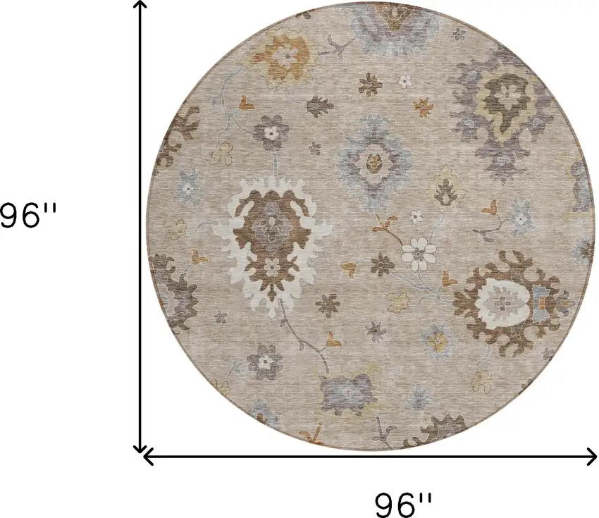 8' Taupe Silver And Gray Round Floral Washable Indoor Outdoor Area Rug Photo 9