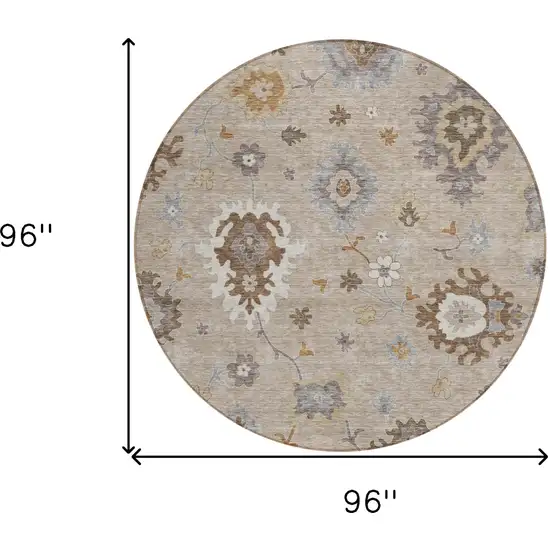 8' Taupe Silver And Gray Round Floral Washable Indoor Outdoor Area Rug Photo 9