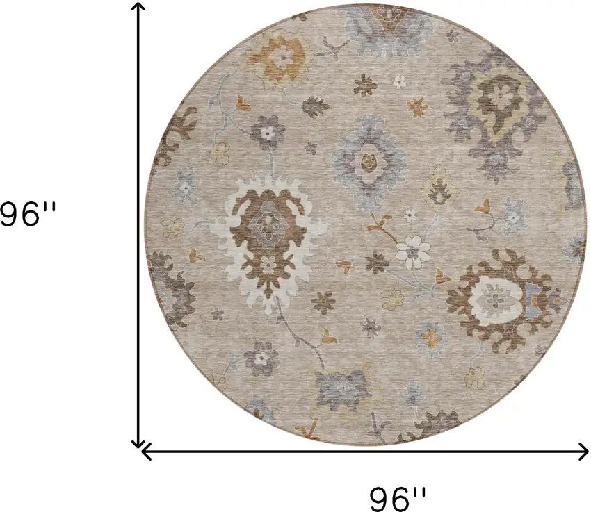8' Taupe Silver And Gray Round Floral Washable Indoor Outdoor Area Rug Photo 9