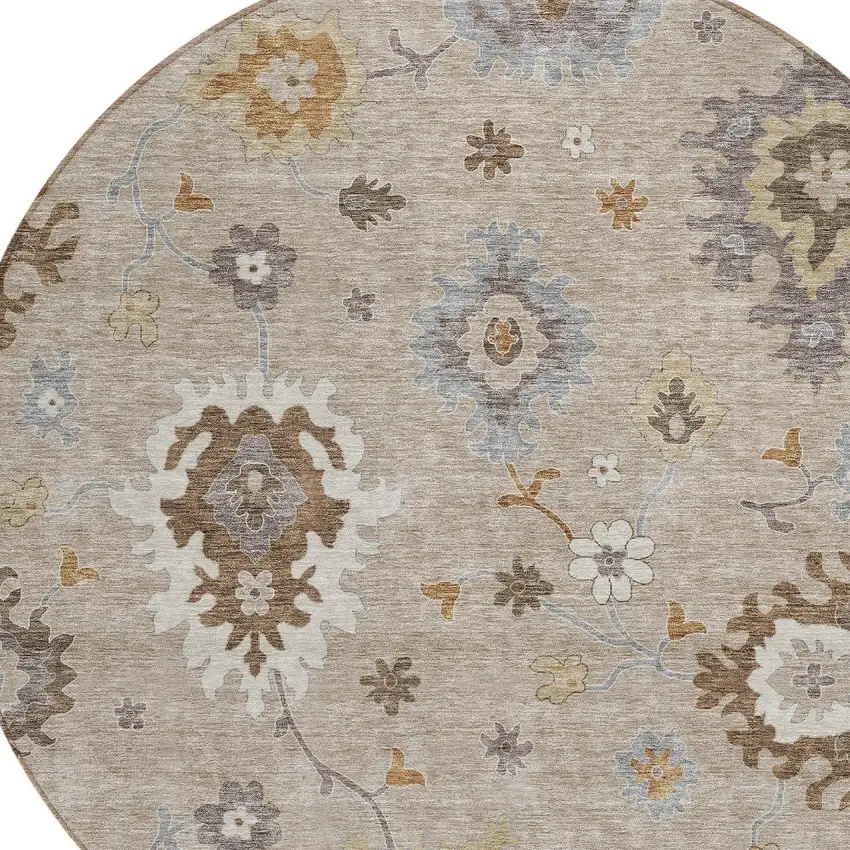 8' Taupe Silver And Gray Round Floral Washable Indoor Outdoor Area Rug Photo 5