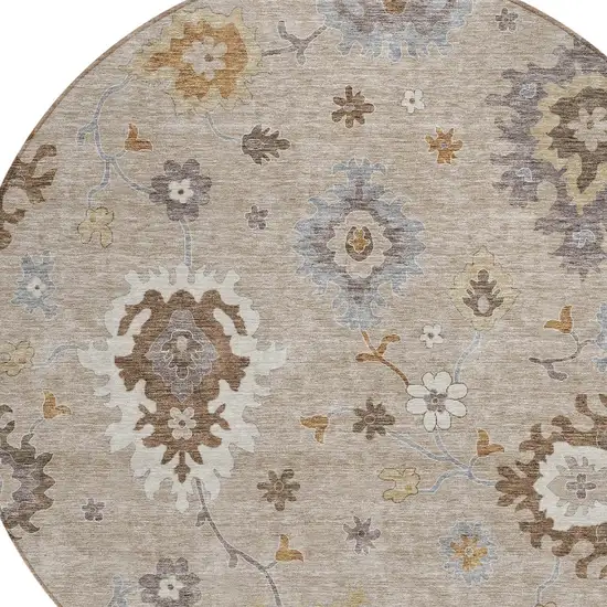 8' Taupe Silver And Gray Round Floral Washable Indoor Outdoor Area Rug Photo 5