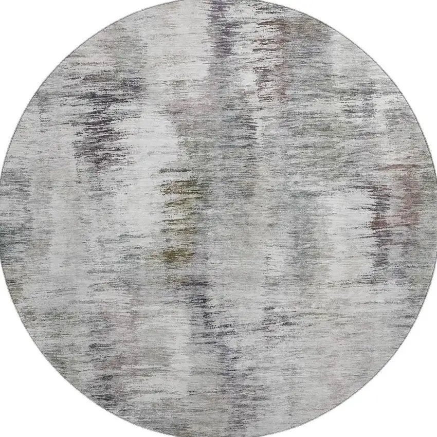 8' Taupe Silver And Purple Abstract Washable Round Rug With UV Protection Photo 3