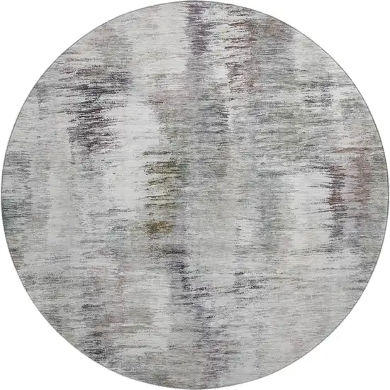 8' Taupe Silver And Purple Abstract Washable Round Rug With UV Protection Photo 1
