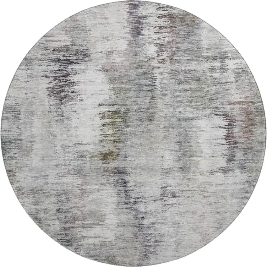 8' Taupe Silver And Purple Abstract Washable Round Rug With UV Protection Photo 1