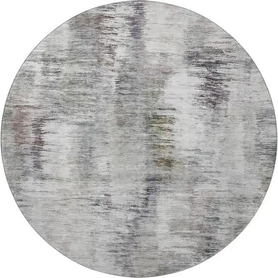 8' Taupe Silver And Purple Abstract Washable Round Rug With UV Protection Photo 4
