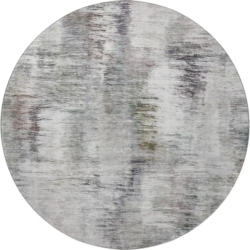 8' Taupe Silver And Purple Abstract Washable Round Rug With UV Protection Photo 4