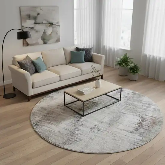 8' Taupe Silver And Purple Abstract Washable Round Rug With UV Protection Photo 2