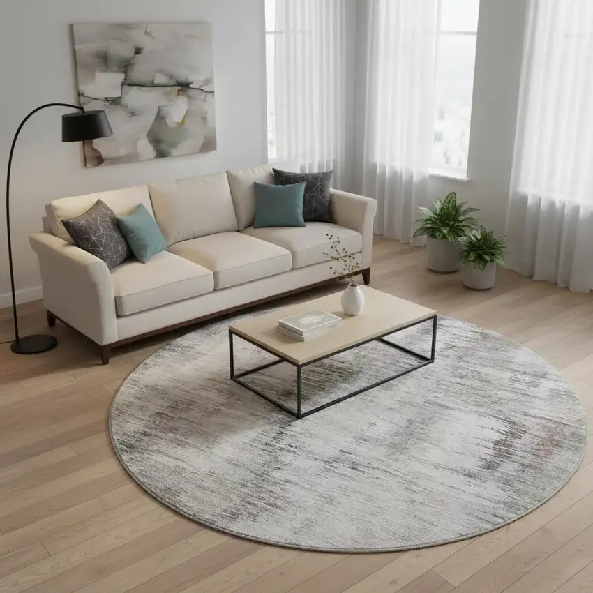 8' Taupe Silver And Purple Abstract Washable Round Rug With UV Protection Photo 2