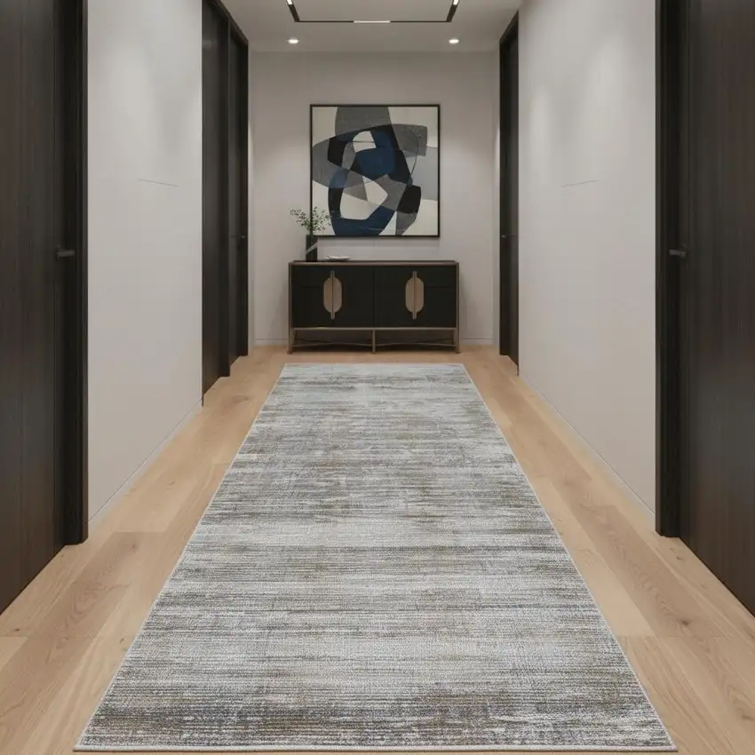 12' Taupe Silver And Tan Abstract Power Loom Runner Rug Photo 1