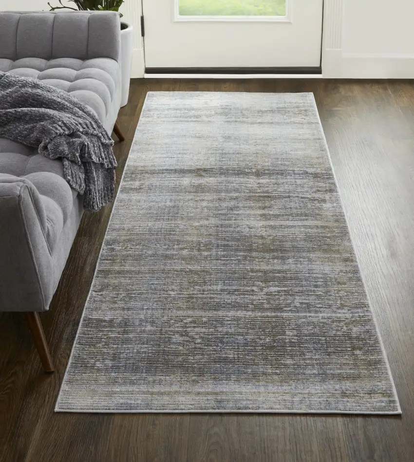 12' Taupe Silver And Tan Abstract Power Loom Runner Rug Photo 4