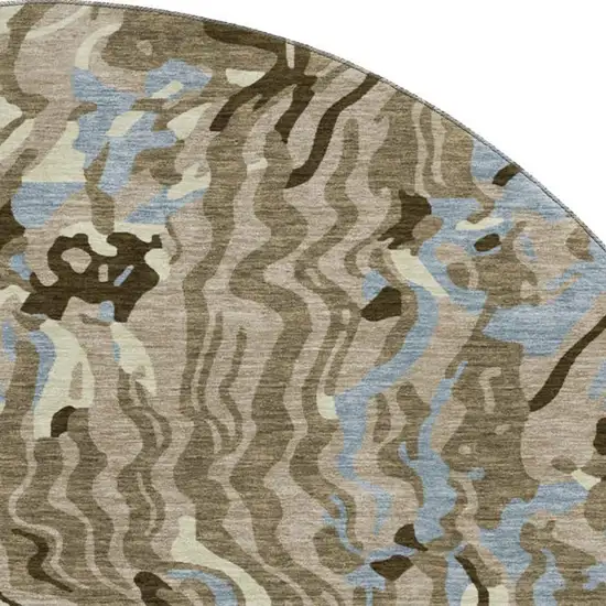 8' Taupe Sky Blue And Beige Abstract Washable Round Rug With UV Protection Photo 2