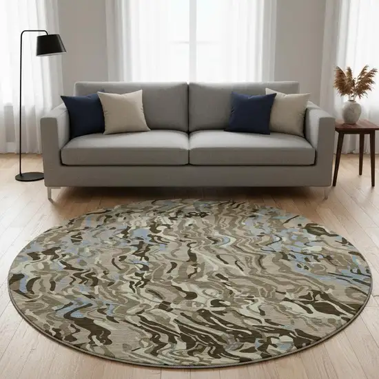 8' Taupe Sky Blue And Beige Abstract Washable Round Rug With UV Protection Photo 2