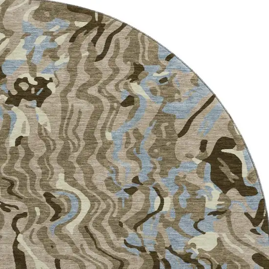 8' Taupe Sky Blue And Beige Abstract Washable Round Rug With UV Protection Photo 3