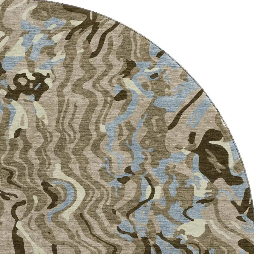8' Taupe Sky Blue And Beige Abstract Washable Round Rug With UV Protection Photo 3