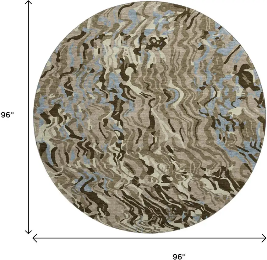 8' Taupe Sky Blue And Beige Abstract Washable Round Rug With UV Protection Photo 9