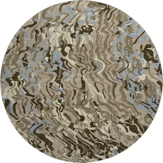8' Taupe Sky Blue And Beige Abstract Washable Round Rug With UV Protection Photo 1