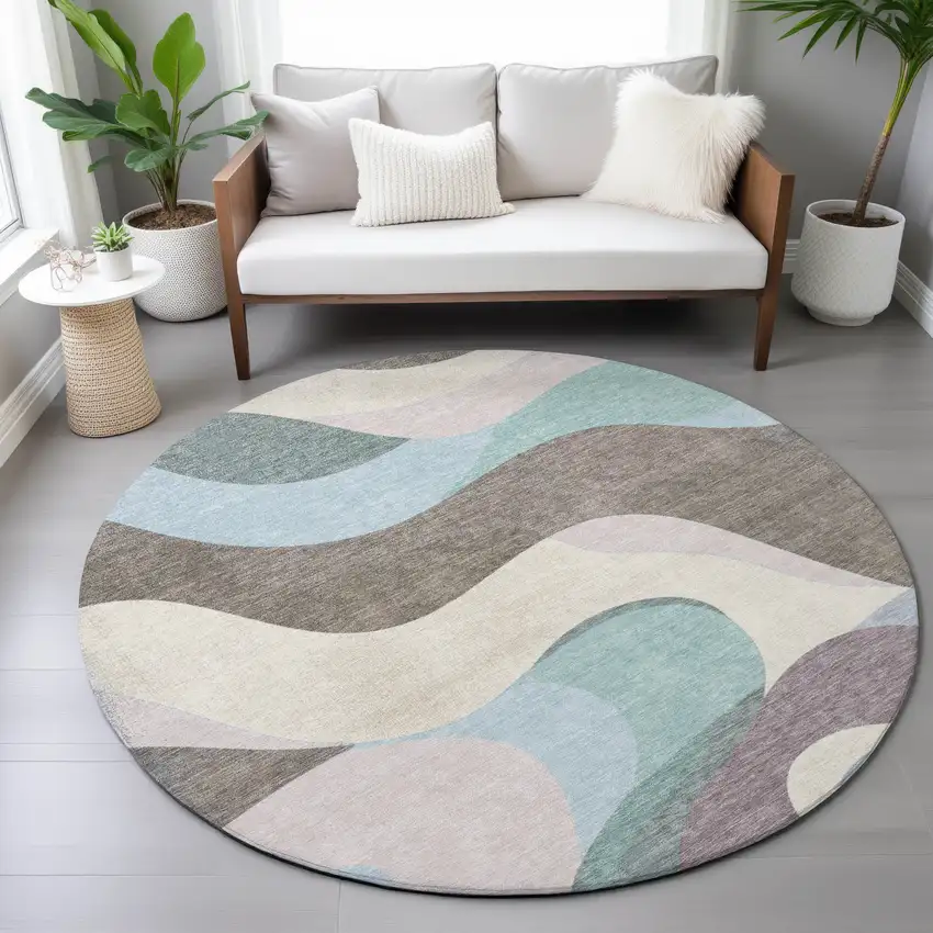 8' Taupe Sky Blue And Ivory Round Abstract Washable Indoor Outdoor Area Rug Photo 9