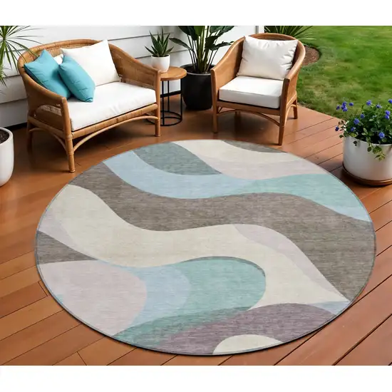 8' Taupe Sky Blue And Ivory Round Abstract Washable Indoor Outdoor Area Rug Photo 2