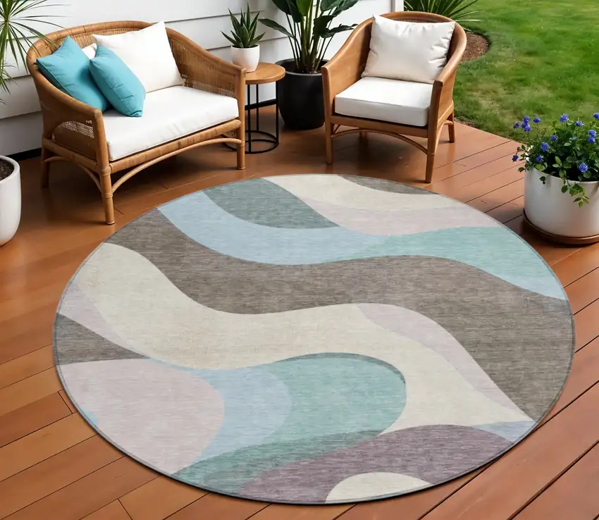 8' Taupe Sky Blue And Ivory Round Abstract Washable Indoor Outdoor Area Rug Photo 2