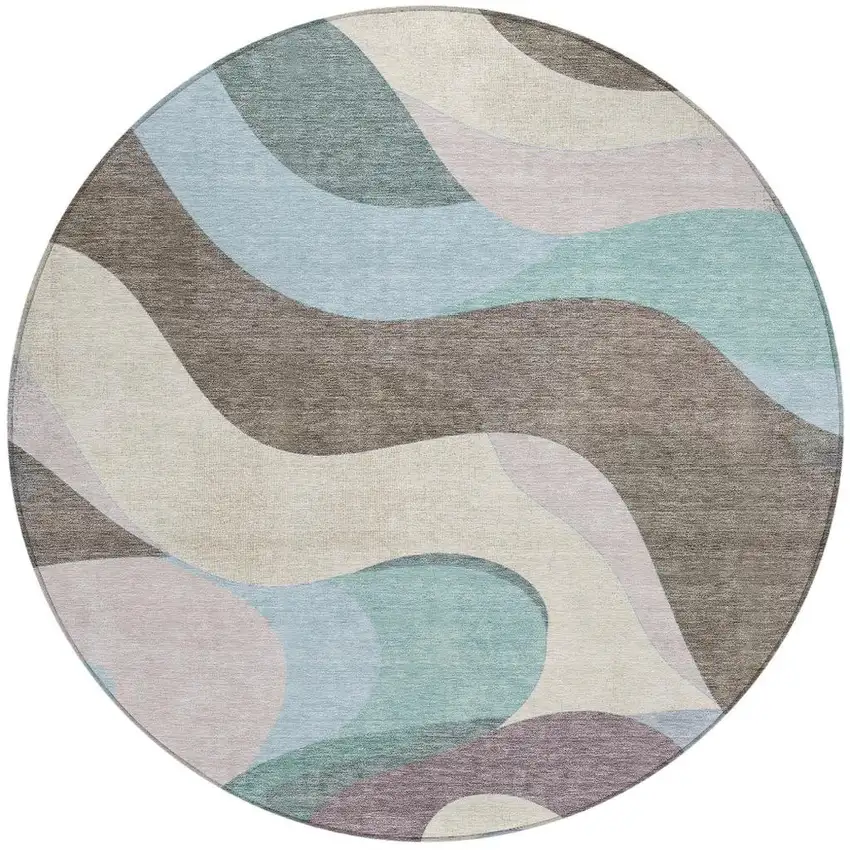 8' Taupe Sky Blue And Ivory Round Abstract Washable Indoor Outdoor Area Rug Photo 4
