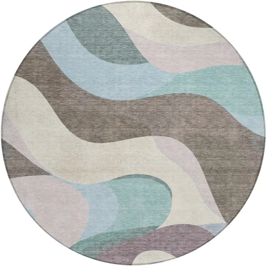 8' Taupe Sky Blue And Ivory Round Abstract Washable Indoor Outdoor Area Rug Photo 1