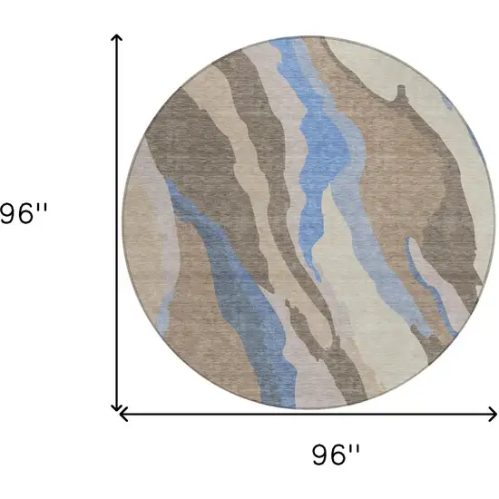 8' Taupe Tan And Blue Round Abstract Washable Indoor Outdoor Area Rug Photo 9