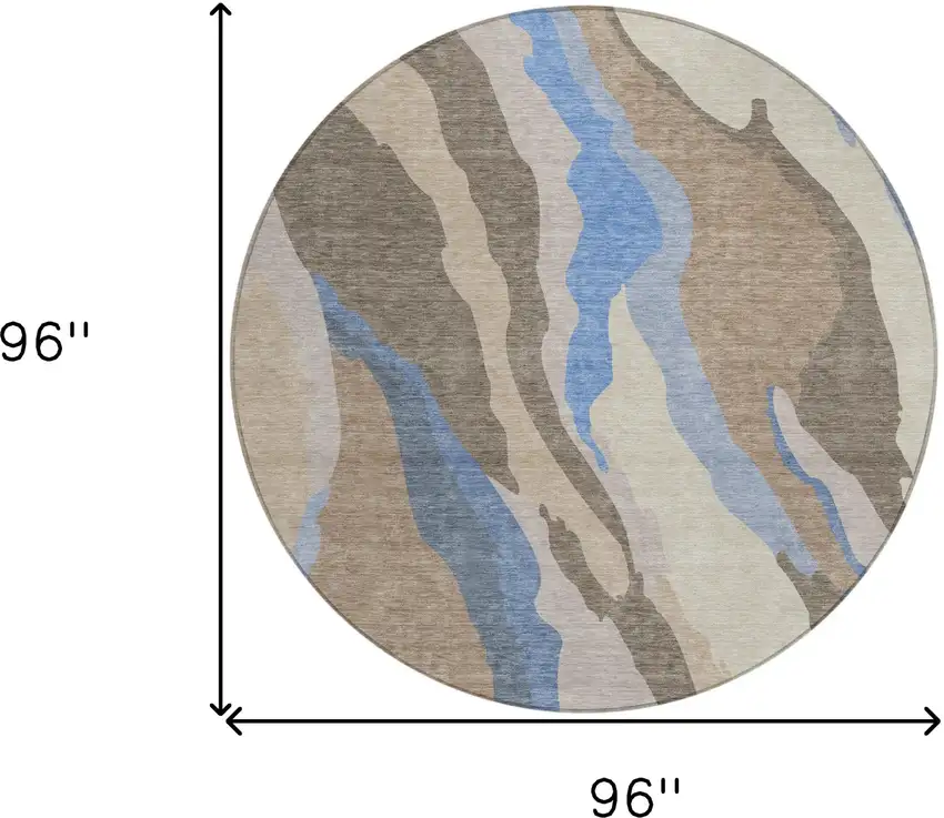 8' Taupe Tan And Blue Round Abstract Washable Indoor Outdoor Area Rug Photo 9