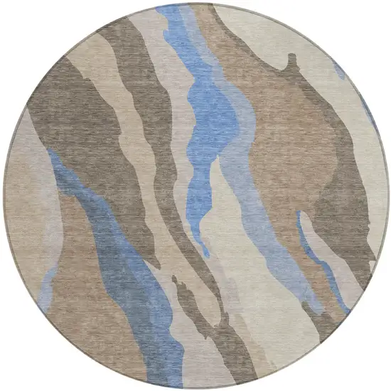 8' Taupe Tan And Blue Round Abstract Washable Indoor Outdoor Area Rug Photo 2