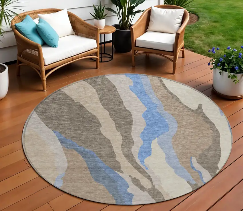 8' Taupe Tan And Blue Round Abstract Washable Indoor Outdoor Area Rug Photo 1