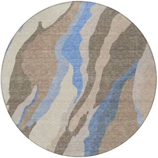 8' Taupe Tan And Blue Round Abstract Washable Indoor Outdoor Area Rug Photo 6