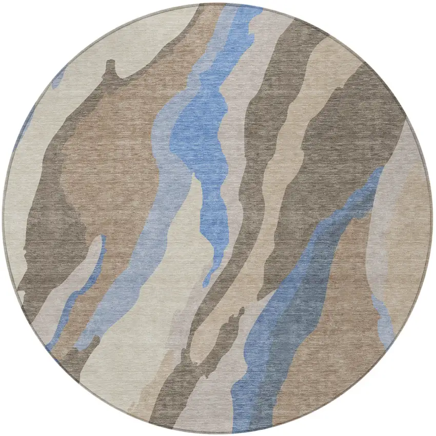 8' Taupe Tan And Blue Round Abstract Washable Indoor Outdoor Area Rug Photo 6
