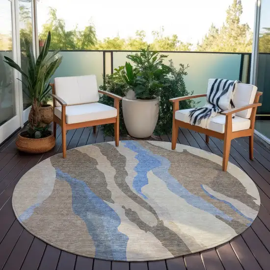 8' Taupe Tan And Blue Round Abstract Washable Indoor Outdoor Area Rug Photo 7