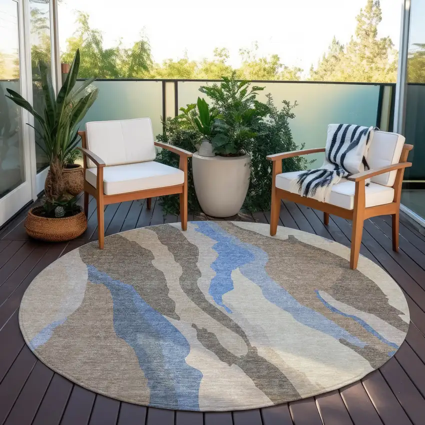 8' Taupe Tan And Blue Round Abstract Washable Indoor Outdoor Area Rug Photo 7