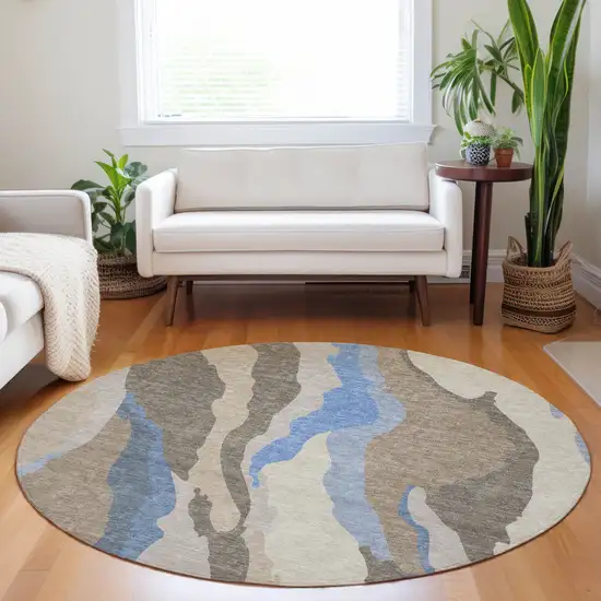 8' Taupe Tan And Blue Round Abstract Washable Indoor Outdoor Area Rug Photo 8
