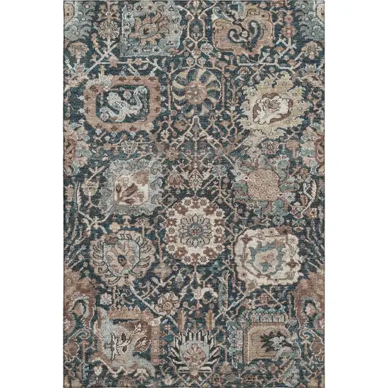 8' Taupe Teal And Brown Floral Washable Area Rug With UV Protection Photo 1